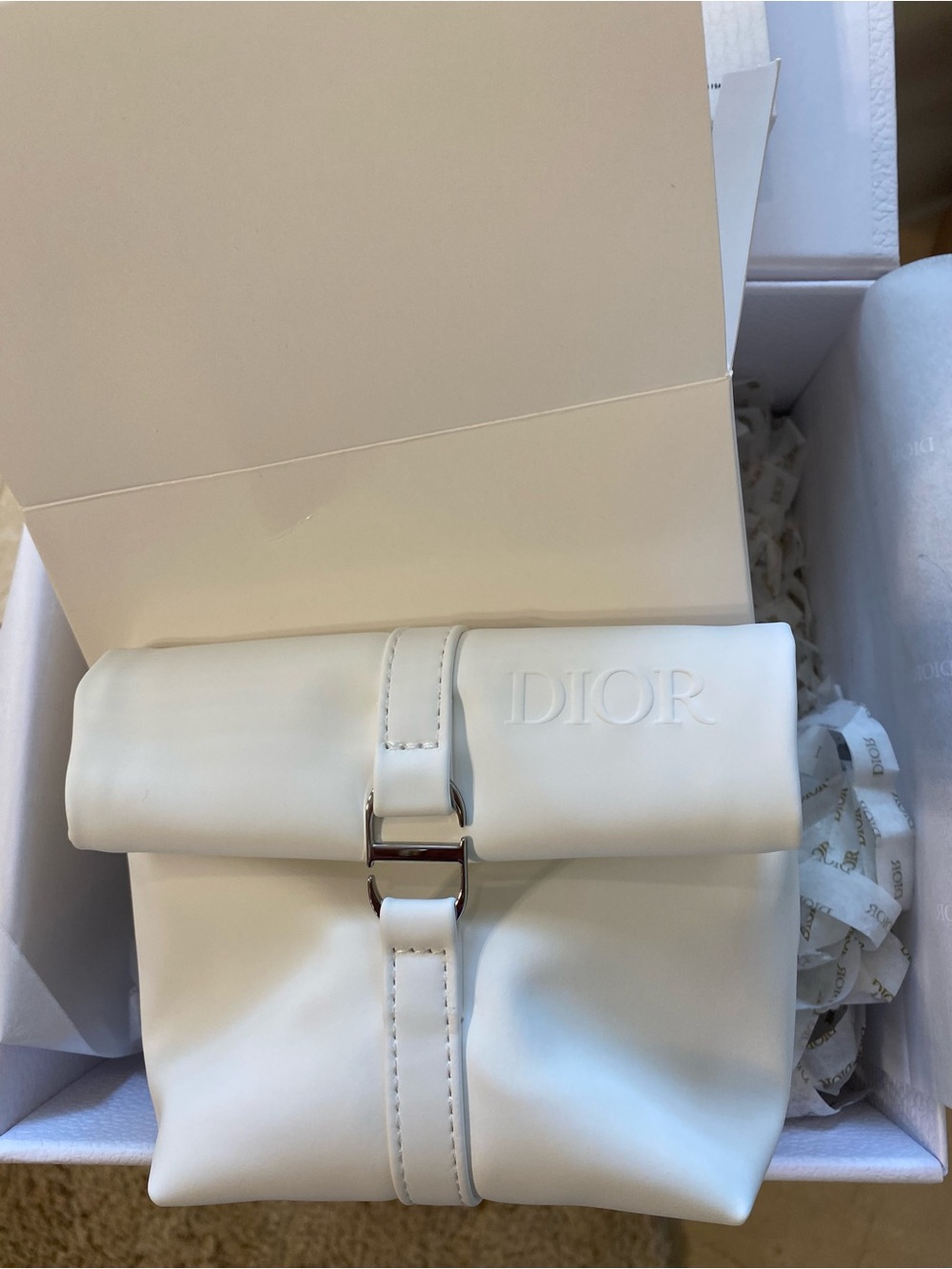Dior White Box with Gold DIOR Logo and Ribbon 9x9x5 in Makeup Bag Samples - Picture 2 of 6